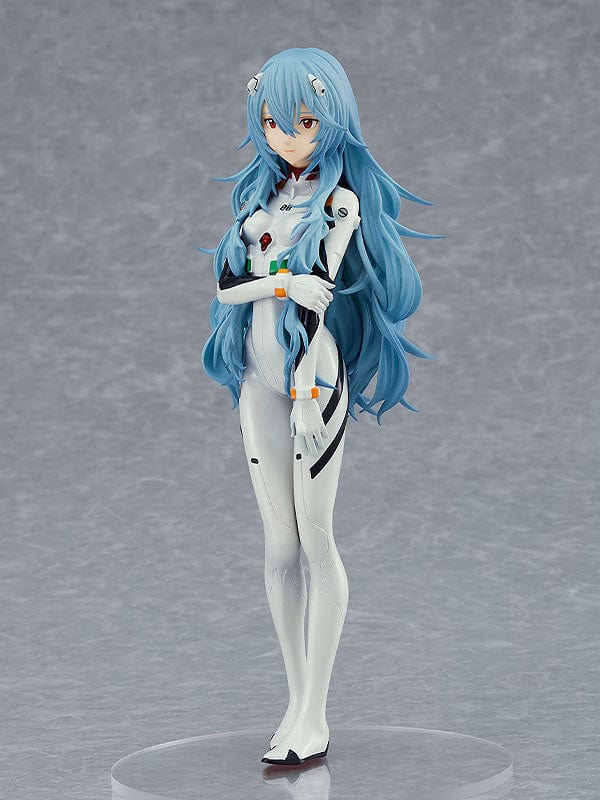 Rebuild of Evangelion Pop Up Parade Rei Ayanami (Long Hair Ver.) 3rd re-run figure in a white plugsuit, standing gracefully with flowing blue hair.