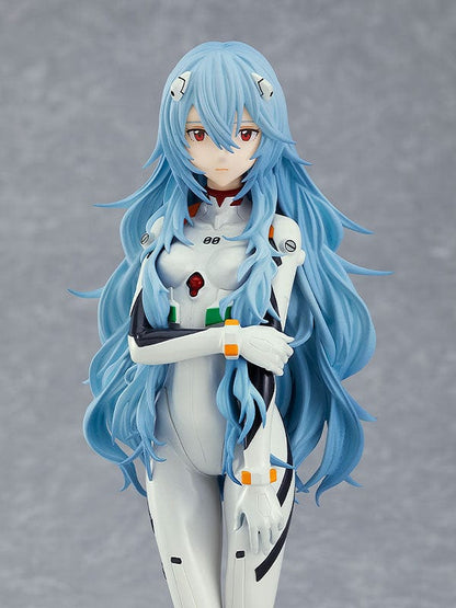 Rebuild of Evangelion Pop Up Parade Rei Ayanami (Long Hair Ver.) 3rd re-run figure in a white plugsuit, standing gracefully with flowing blue hair.