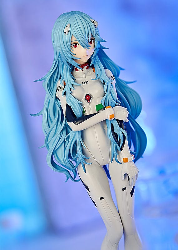 Rebuild of Evangelion Pop Up Parade Rei Ayanami (Long Hair Ver.) 3rd re-run figure in a white plugsuit, standing gracefully with flowing blue hair.