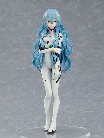 Rebuild of Evangelion Pop Up Parade Rei Ayanami (Long Hair Ver.) 3rd re-run figure in a white plugsuit, standing gracefully with flowing blue hair.