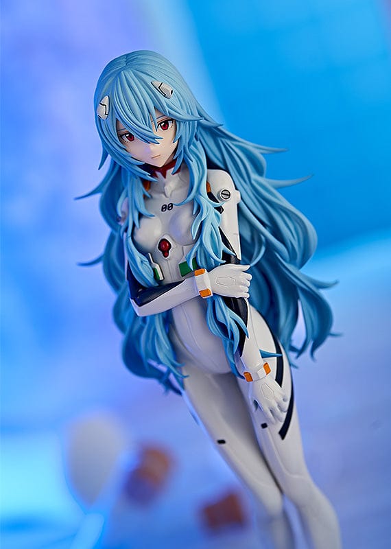 Rebuild of Evangelion Pop Up Parade Rei Ayanami (Long Hair Ver.) 3rd re-run figure in a white plugsuit, standing gracefully with flowing blue hair.