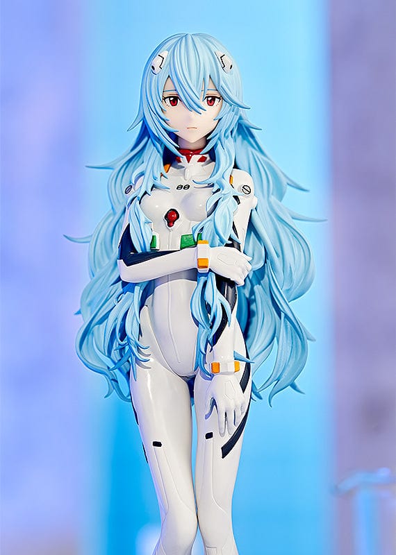 Rebuild of Evangelion Pop Up Parade Rei Ayanami (Long Hair Ver.) 3rd re-run figure in a white plugsuit, standing gracefully with flowing blue hair.