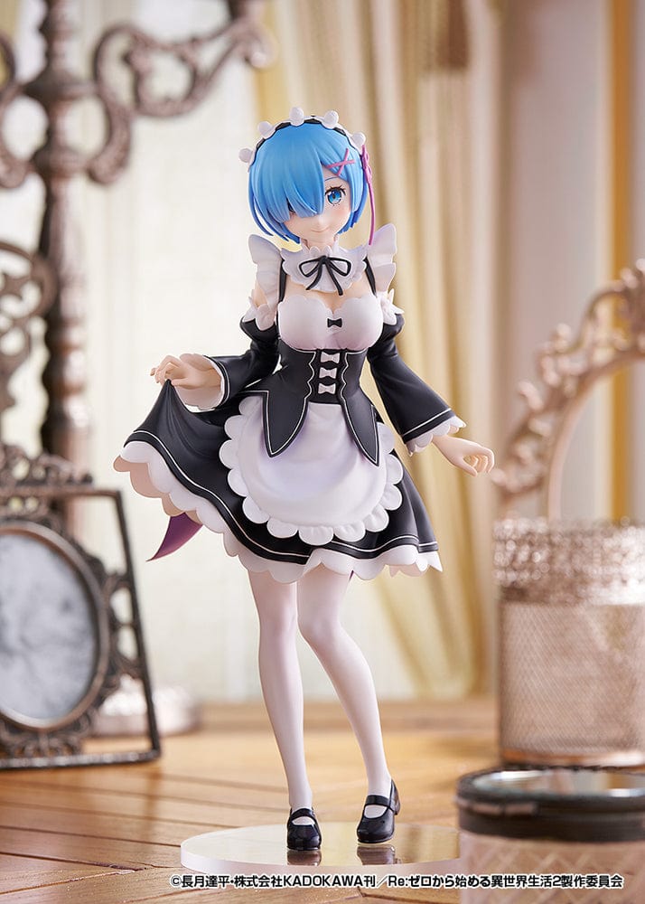 Rezero Starting Life in Another World Pop Up Parade L Rem figure in classic maid outfit, featuring blue hair and detailed sculpting, standing at approximately 9 inches tall.