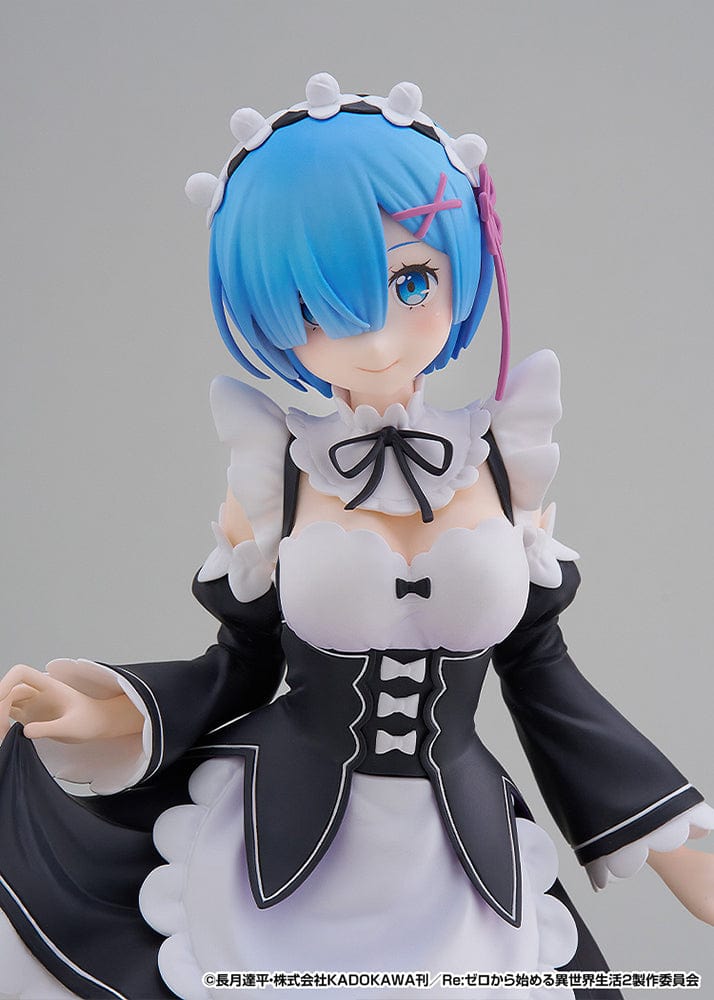 Rezero Starting Life in Another World Pop Up Parade L Rem figure in classic maid outfit, featuring blue hair and detailed sculpting, standing at approximately 9 inches tall.