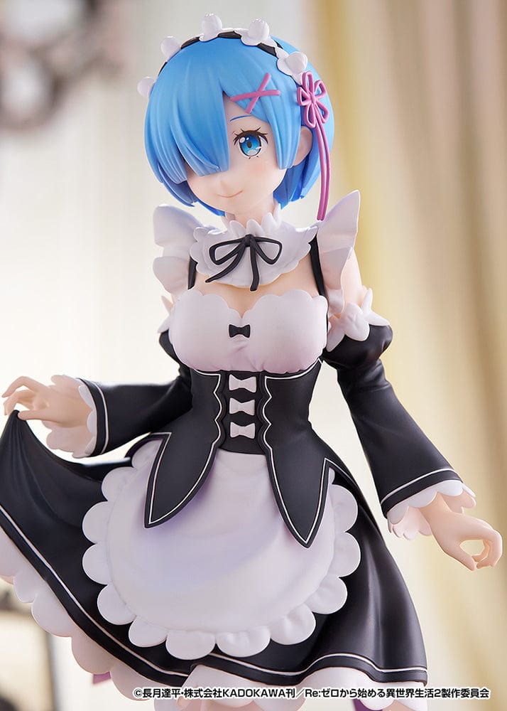 Rezero Starting Life in Another World Pop Up Parade L Rem figure in classic maid outfit, featuring blue hair and detailed sculpting, standing at approximately 9 inches tall.