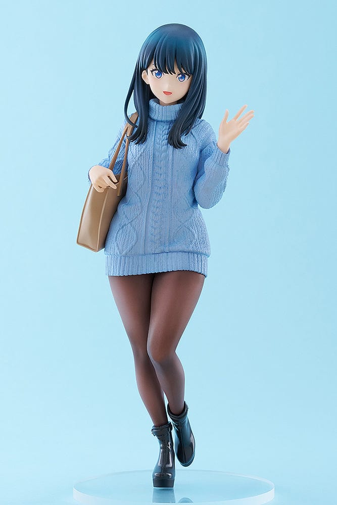 Gridman Universe POP UP PARADE L Rikka Takarada (Date Style Ver.) Figure, wearing a blue sweater dress with brown tights and holding a tan bag.