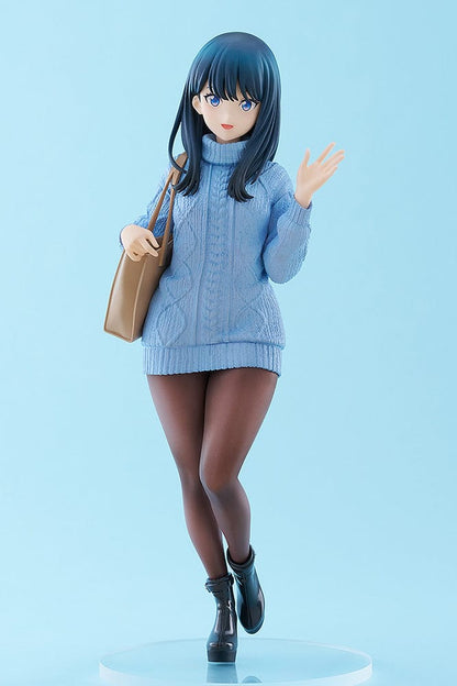 Gridman Universe POP UP PARADE L Rikka Takarada (Date Style Ver.) Figure, wearing a blue sweater dress with brown tights and holding a tan bag.