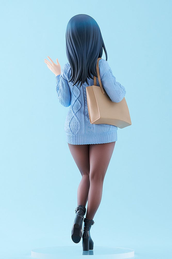 Gridman Universe POP UP PARADE L Rikka Takarada (Date Style Ver.) Figure, wearing a blue sweater dress with brown tights and holding a tan bag.