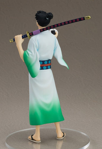 Monsters: 103 Mercies Dragon Damnation Pop Up Parade Ryuma Figure featuring the character in a green and white kimono holding a katana and rice ball, posed confidently.