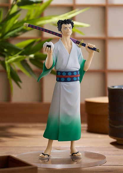 Monsters: 103 Mercies Dragon Damnation Pop Up Parade Ryuma Figure featuring the character in a green and white kimono holding a katana and rice ball, posed confidently.