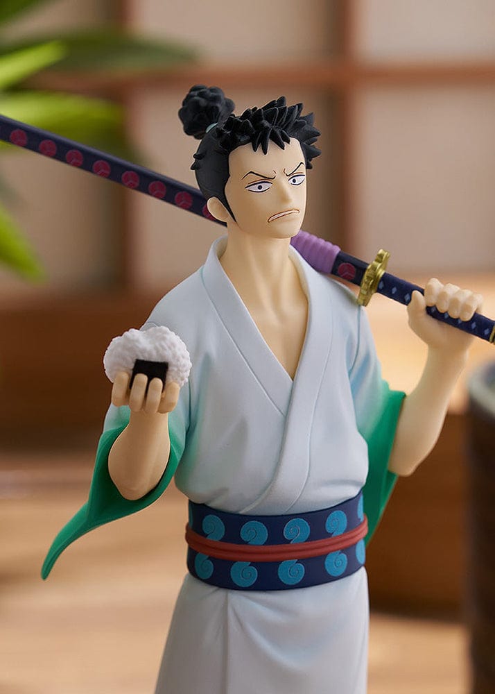 Monsters: 103 Mercies Dragon Damnation Pop Up Parade Ryuma Figure featuring the character in a green and white kimono holding a katana and rice ball, posed confidently.