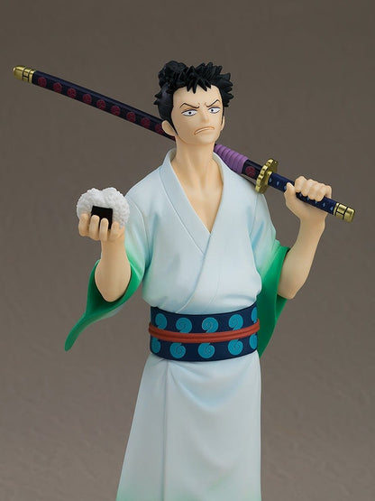 Monsters: 103 Mercies Dragon Damnation Pop Up Parade Ryuma Figure featuring the character in a green and white kimono holding a katana and rice ball, posed confidently.