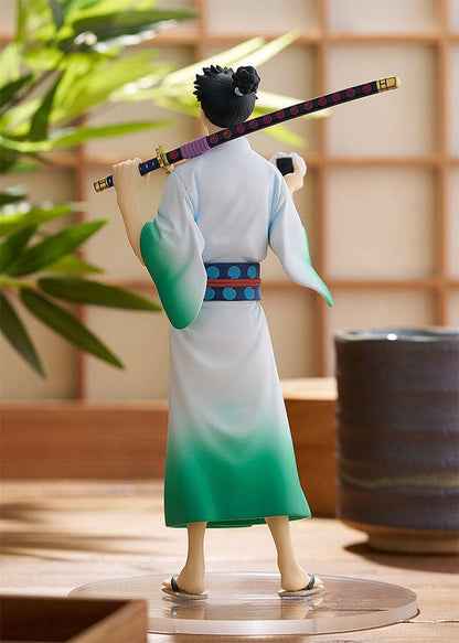 Monsters: 103 Mercies Dragon Damnation Pop Up Parade Ryuma Figure featuring the character in a green and white kimono holding a katana and rice ball, posed confidently.