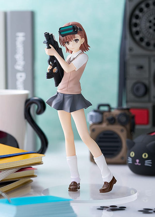 Figure of Sister from 'A Certain Scientific Railgun', dressed in a school uniform with VR headset and gun, part of the Pop Up Parade series.