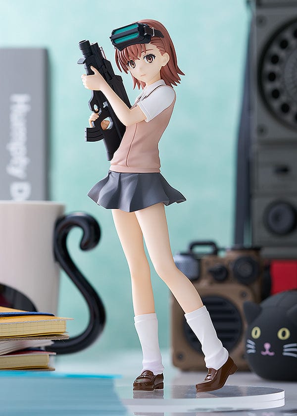 Figure of Sister from 'A Certain Scientific Railgun', dressed in a school uniform with VR headset and gun, part of the Pop Up Parade series.