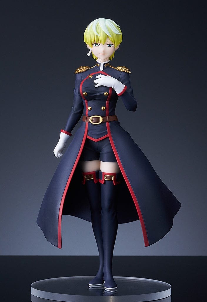 The figure features Tenka Izumo from 'Chained Soldier,' standing confidently in a military-style uniform with gold accents and a long, flowing navy cape.