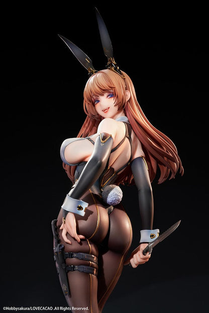 LOVECACAO Illustration Psycho Bunny 1/7 Scale Figure featuring a character in a black bunny suit with gold accents, holding a knife, and standing in a dynamic pose.