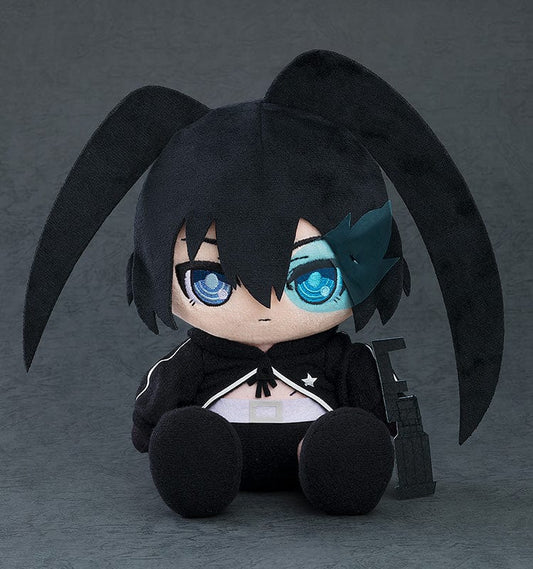 Detailed BLACK ROCK SHOOTER plushie with signature blue eyes and cannon, perfect for collectors and fans of the series.