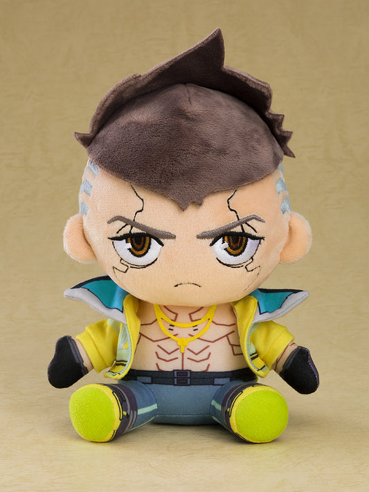 "Cyberpunk: Edgerunners Plushie David - Striking plushie of David with a distinctive mohawk, detailed tattoos, and cyberpunk-inspired outfit, featuring intricate cybernetic elements and vibrant colors."