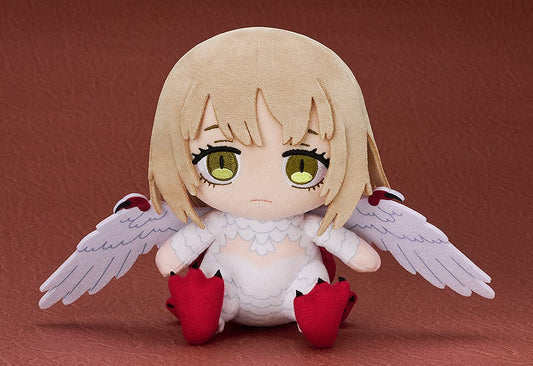 Delicious in Dungeon Falin Chimera plushie with soft pastel wings, golden eyes, red clawed feet, and detailed chibi-style design, capturing her transformed state.