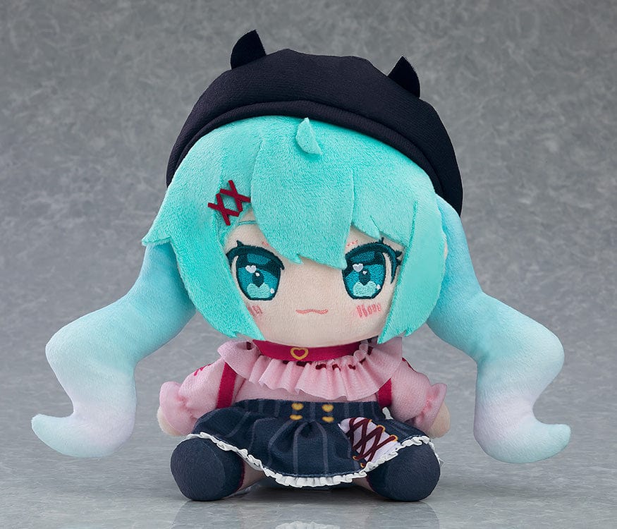 Plushie Hatsune Miku Date Outfit Ver. featuring Miku with aqua twin-tails, black hat with horns, and a cute pink and black outfit.