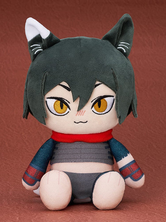 Delicious in Dungeon Izutsumi plushie featuring cat-like ears, golden eyes, red scarf, and detailed warrior outfit, designed in a chibi-style with soft fabric.