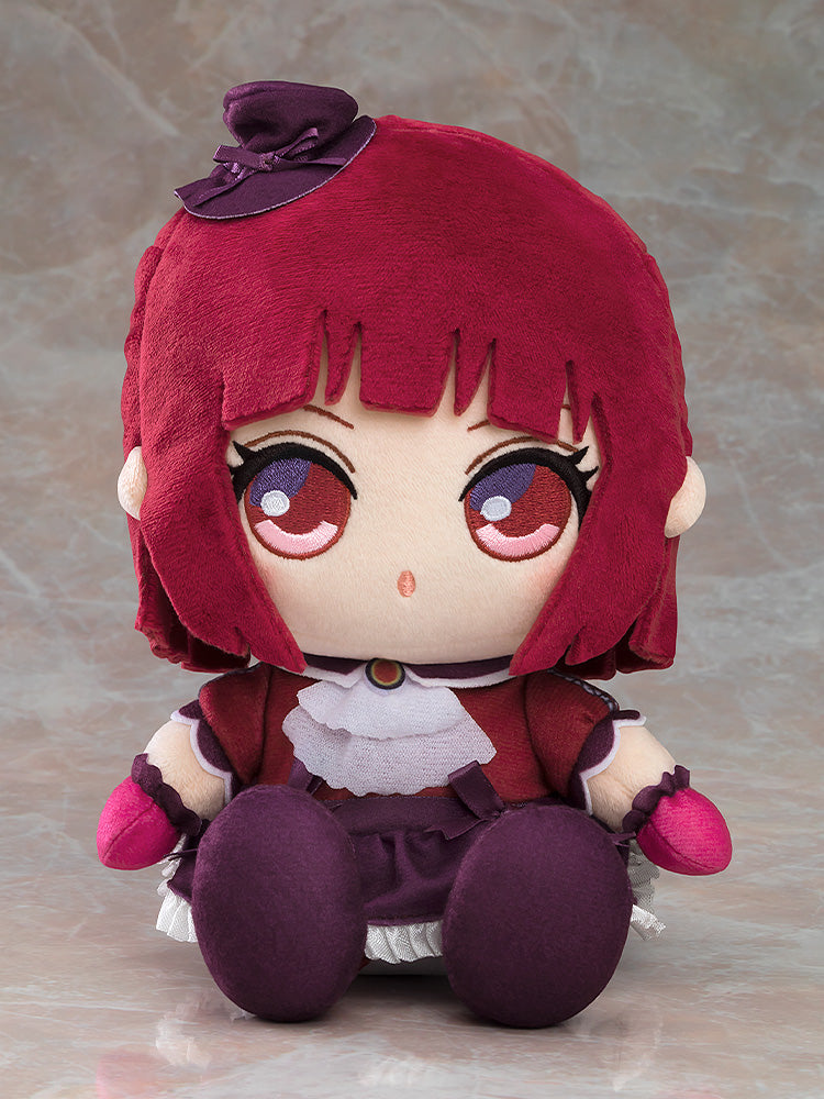 "OSHI NO KO Plushie Kana Arima - Adorable plushie of Kana with vibrant red hair, expressive eyes, and charming outfit featuring a cute hat and frilled dress."