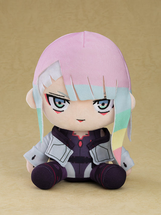 "Cyberpunk: Edgerunners Plushie Lucy - Captivating plushie of Lucy with pastel-colored hair, intense eyes, and cyberpunk attire, featuring intricate design and vibrant colors."