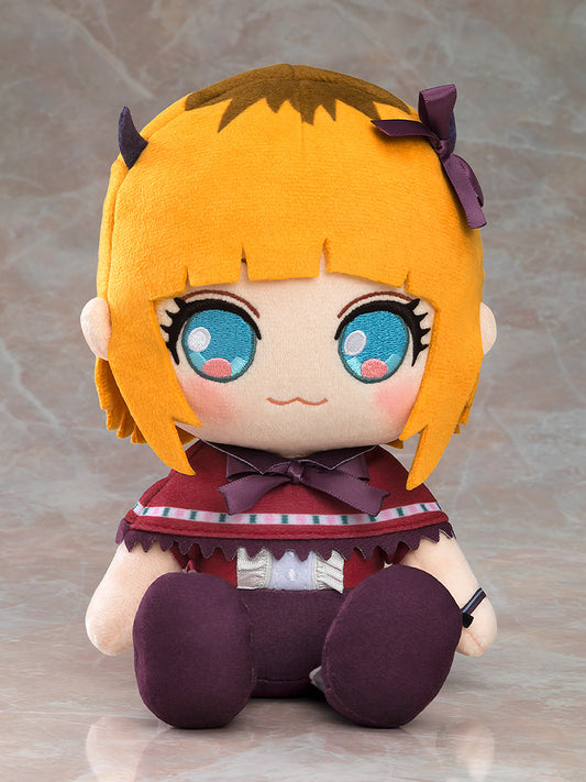 "OSHI NO KO Plushie MEMcho - Adorable plushie of MEMcho with bright yellow hair, sparkling blue eyes, and vibrant outfit featuring a cute bow and frilled dress."