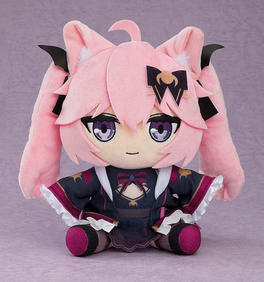 VShojo Nyatasha Nyanners Plushie, featuring the character in pink and black, with large purple eyes and navy uniform, complete with frilly ruffles and bows, capturing the essence of the beloved virtual streamer.