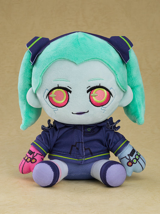 "Cyberpunk: Edgerunners Plushie Rebecca - Striking plushie of Rebecca with mint green hair, vivid pink and yellow eyes, and cyberpunk-inspired outfit, featuring intricate cybernetic elements and vibrant colors."