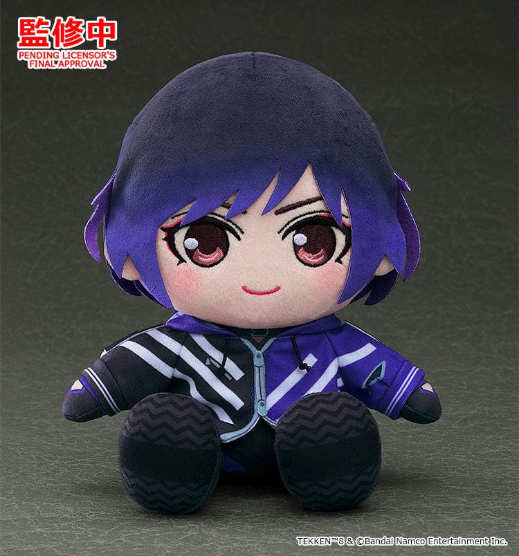 TEKKEN 8 Plushie Reina featuring purple hair, expressive embroidered eyes, and a detailed purple and black outfit, set against a dark background.