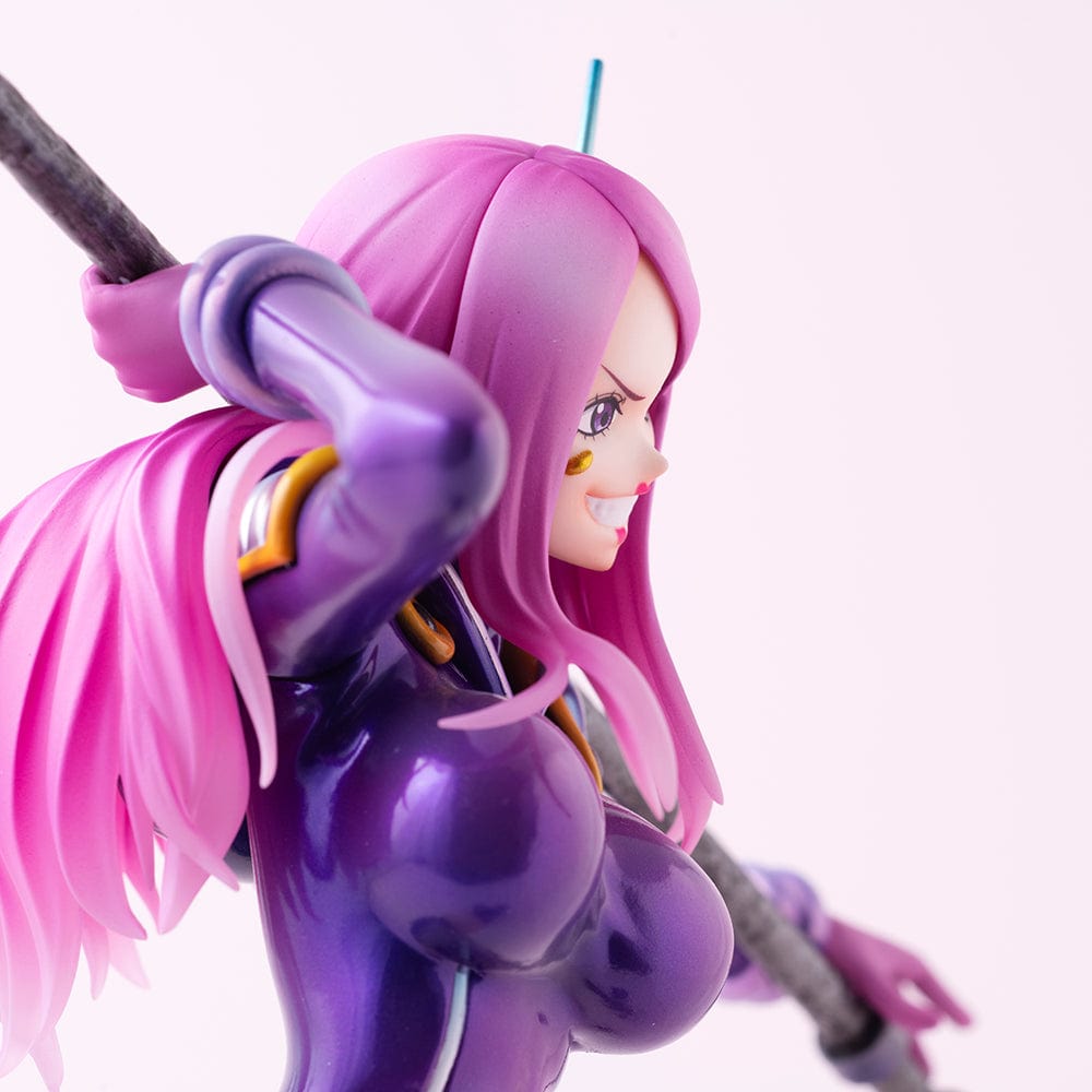 One Piece Portrait of Pirates Evolutionary History Jewelry Bonney figure, featuring Bonney in a dynamic pose with a purple outfit and pink hair, holding a firearm, on a themed base.