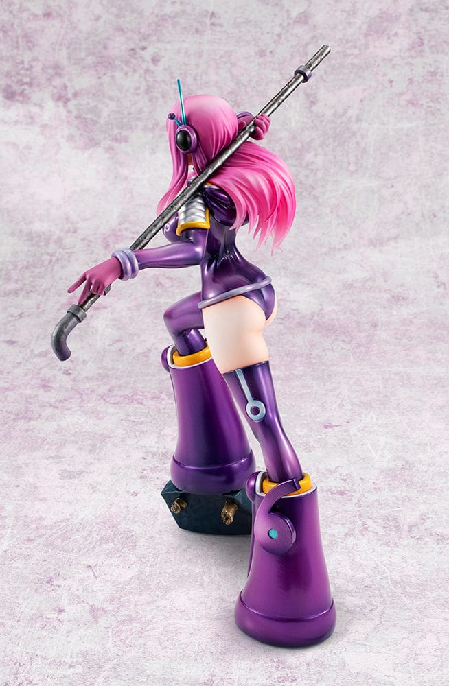 One Piece Portrait of Pirates Evolutionary History Jewelry Bonney figure, featuring Bonney in a dynamic pose with a purple outfit and pink hair, holding a firearm, on a themed base.