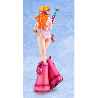 One Piece Portrait of Pirates Evolutionary History Nami Figure, showcasing Nami in a pink hoodie and shorts with oversized boots, holding a retro device in a confident pose.