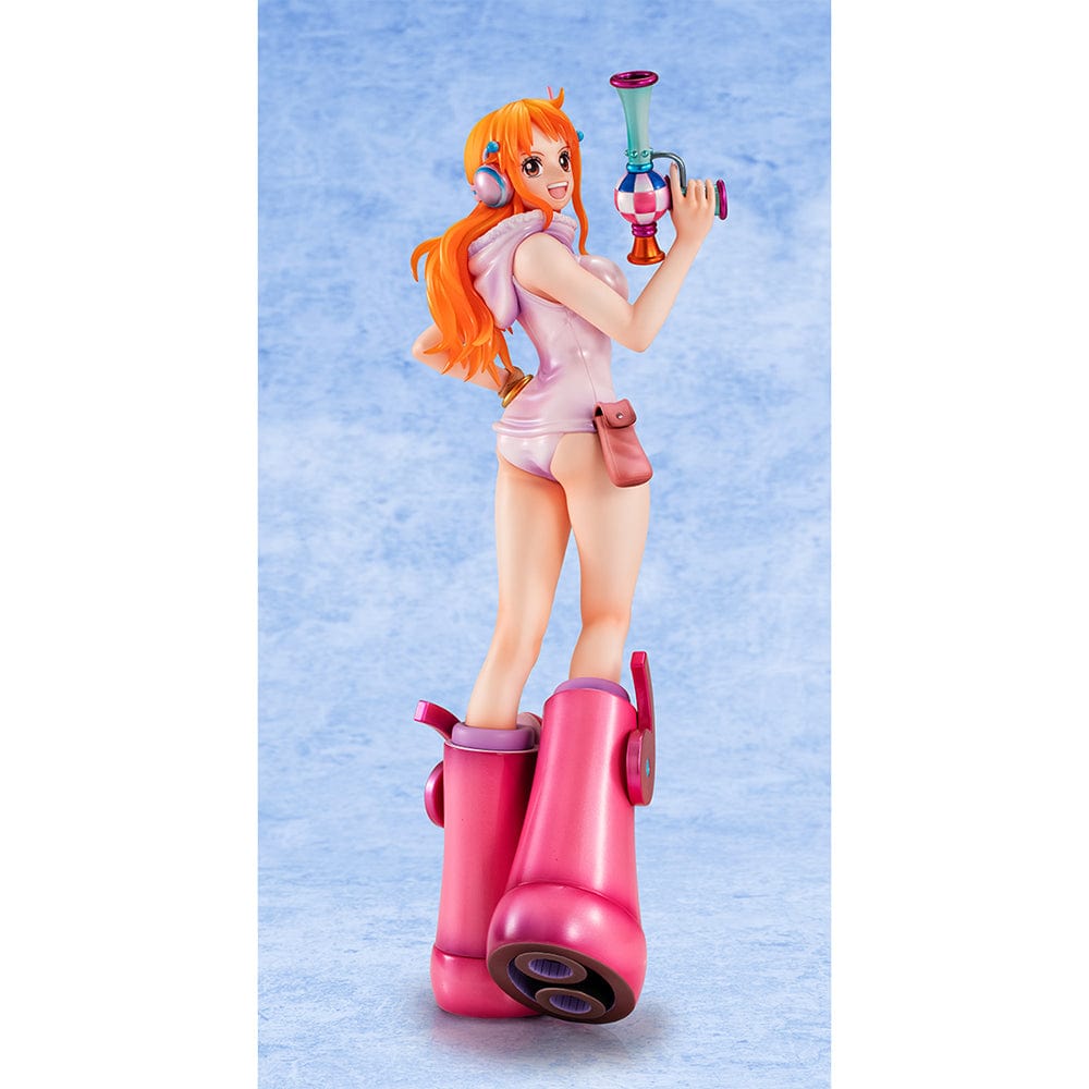 One Piece Portrait of Pirates Evolutionary History Nami Figure, showcasing Nami in a pink hoodie and shorts with oversized boots, holding a retro device in a confident pose.