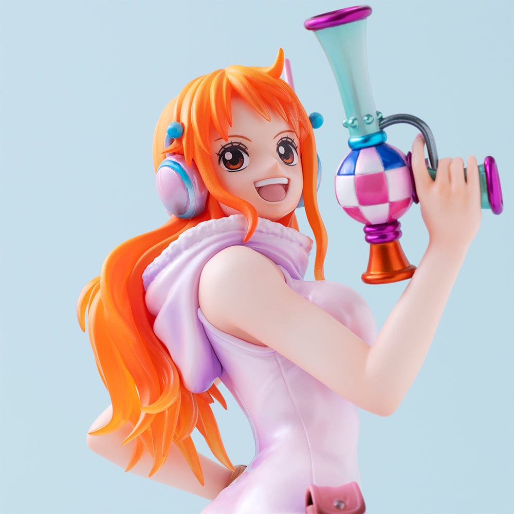 One Piece Portrait of Pirates Evolutionary History Nami Figure, showcasing Nami in a pink hoodie and shorts with oversized boots, holding a retro device in a confident pose.