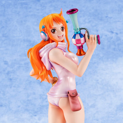 One Piece Portrait of Pirates Evolutionary History Nami Figure, showcasing Nami in a pink hoodie and shorts with oversized boots, holding a retro device in a confident pose.