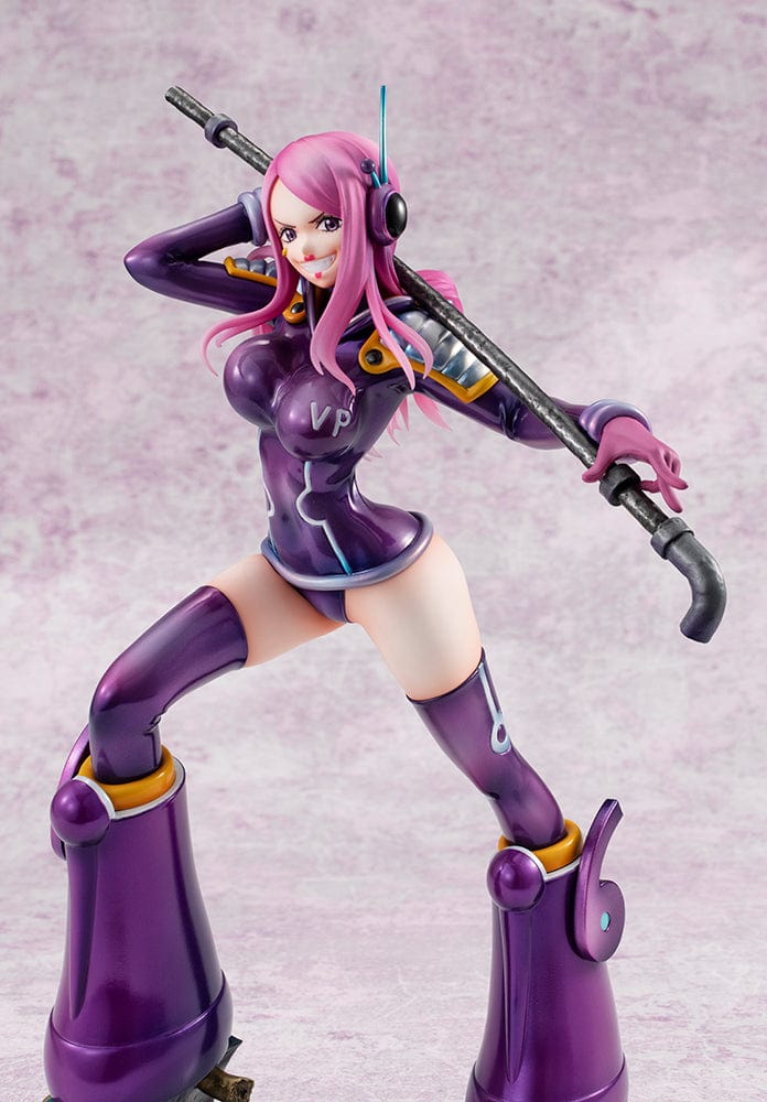 One Piece Portrait of Pirates Evolutionary History Jewelry Bonney figure, featuring Bonney in a dynamic pose with a purple outfit and pink hair, holding a firearm, on a themed base.