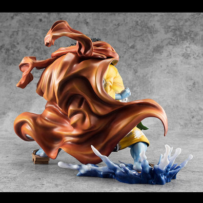 One Piece Portrait of Pirates SA-Maximum Jinbe (Knight of the Sea Ver.) Limited Edition figure in dynamic action pose wearing yellow kimono, using Fish-Man Karate.