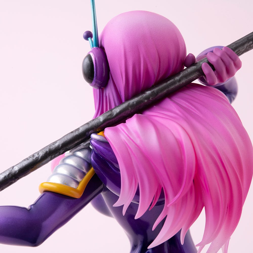 One Piece Portrait of Pirates Evolutionary History Jewelry Bonney figure, featuring Bonney in a dynamic pose with a purple outfit and pink hair, holding a firearm, on a themed base.