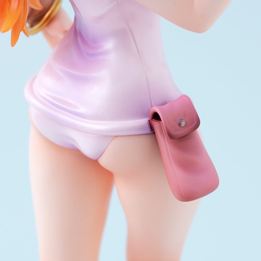 One Piece Portrait of Pirates Evolutionary History Nami Figure, showcasing Nami in a pink hoodie and shorts with oversized boots, holding a retro device in a confident pose.