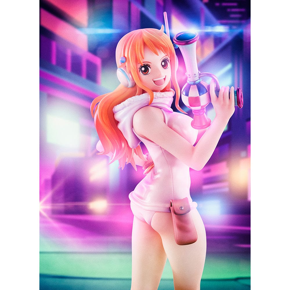 One Piece Portrait of Pirates Evolutionary History Nami Figure, showcasing Nami in a pink hoodie and shorts with oversized boots, holding a retro device in a confident pose.