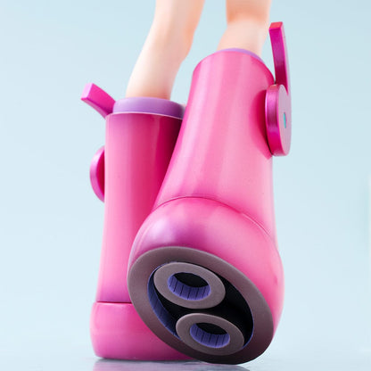 One Piece Portrait of Pirates Evolutionary History Nami Figure, showcasing Nami in a pink hoodie and shorts with oversized boots, holding a retro device in a confident pose.