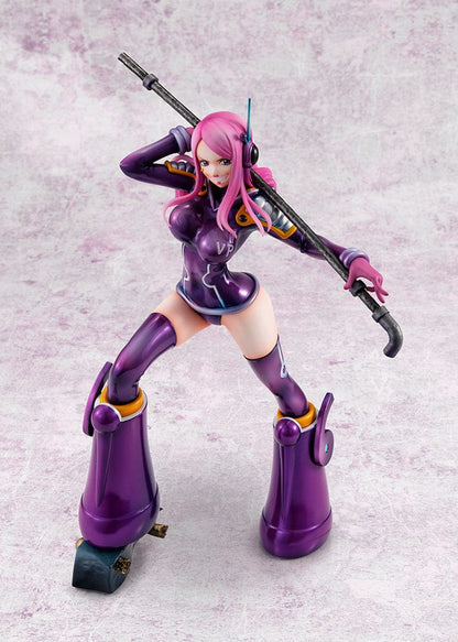 One Piece Portrait of Pirates Evolutionary History Jewelry Bonney figure, featuring Bonney in a dynamic pose with a purple outfit and pink hair, holding a firearm, on a themed base.