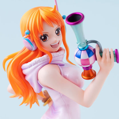 One Piece Portrait of Pirates Evolutionary History Nami Figure, showcasing Nami in a pink hoodie and shorts with oversized boots, holding a retro device in a confident pose.