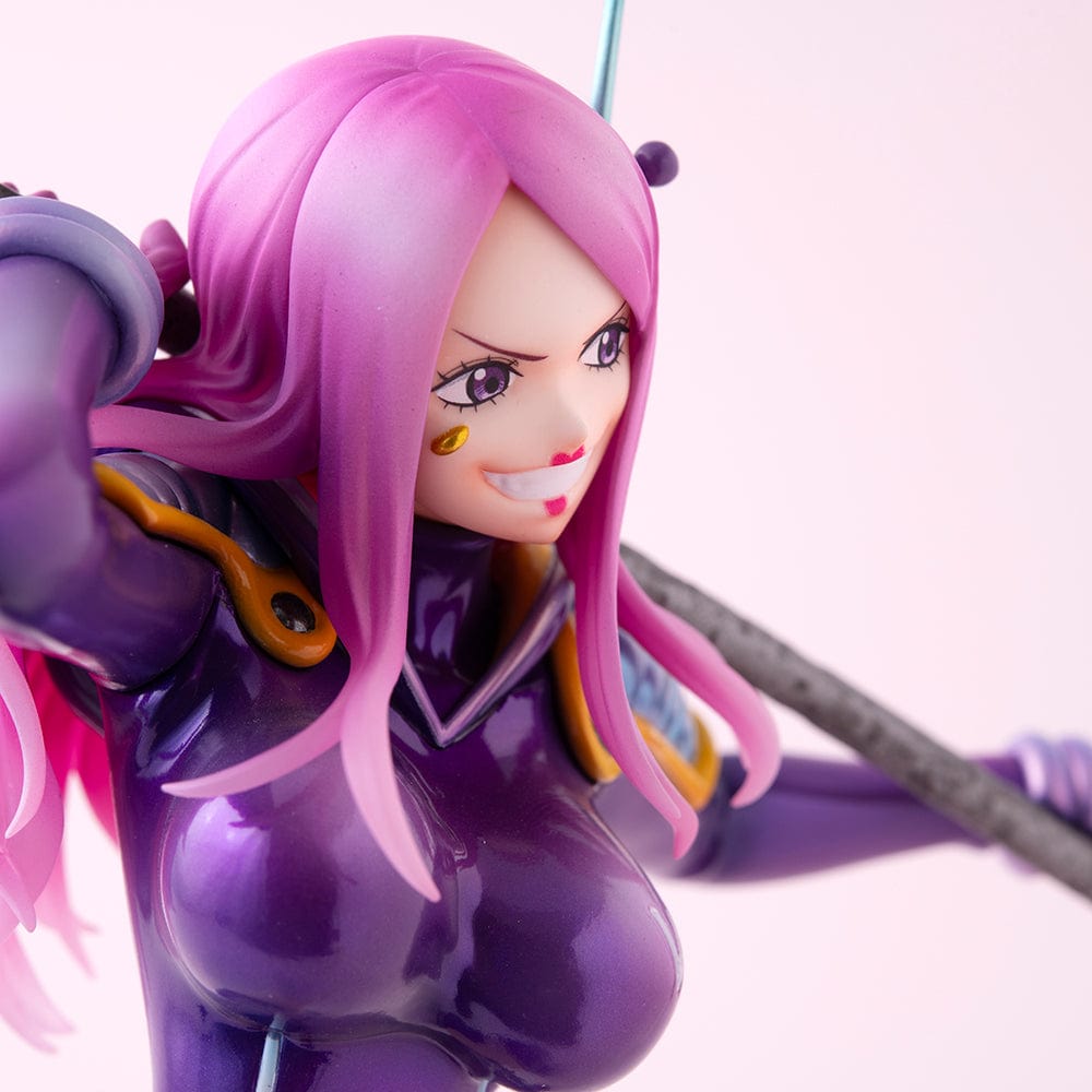 One Piece Portrait of Pirates Evolutionary History Jewelry Bonney figure, featuring Bonney in a dynamic pose with a purple outfit and pink hair, holding a firearm, on a themed base.