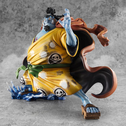 One Piece Portrait of Pirates SA-Maximum Jinbe (Knight of the Sea Ver.) Limited Edition figure in dynamic action pose wearing yellow kimono, using Fish-Man Karate.