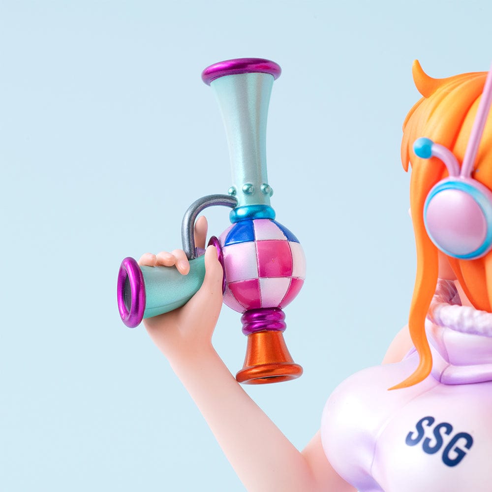 One Piece Portrait of Pirates Evolutionary History Nami Figure, showcasing Nami in a pink hoodie and shorts with oversized boots, holding a retro device in a confident pose.