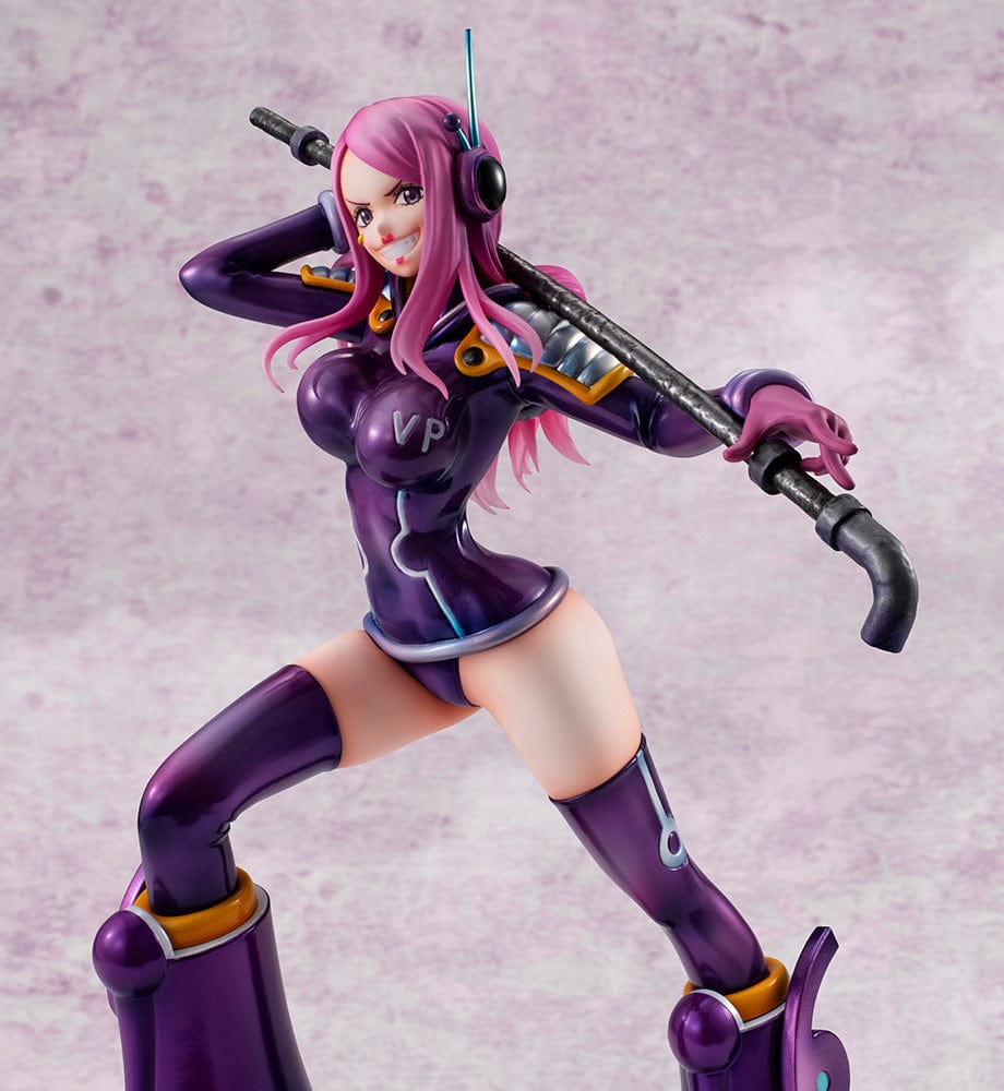 One Piece Portrait of Pirates Evolutionary History Jewelry Bonney figure, featuring Bonney in a dynamic pose with a purple outfit and pink hair, holding a firearm, on a themed base.